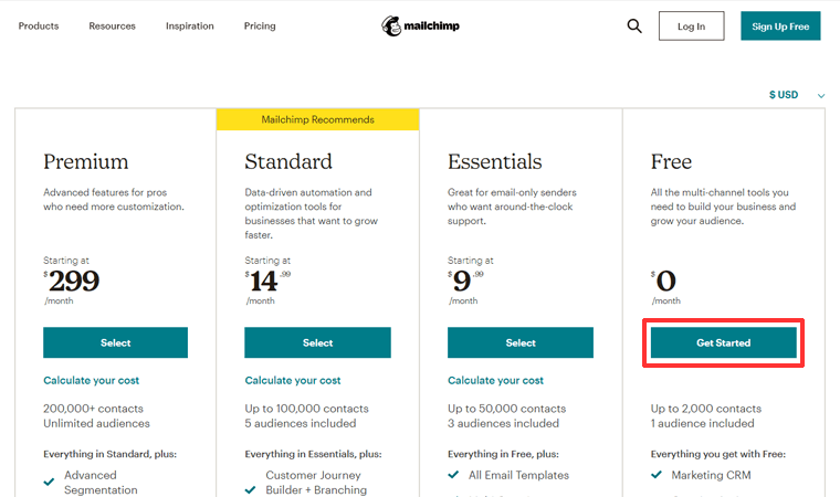 Mailchimp Fiyatlandırması Ücretsiz ile Başlayın