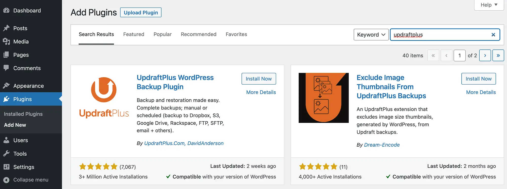 Come eseguire il backup gratuito di un sito WordPress: aggiungi il plugin UpdraftPlus.