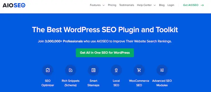Plugin pengoptimalan mesin pencari All in One SEO (AIOSEO). The All in One SEO (AIOSEO) search engine optimization plugin