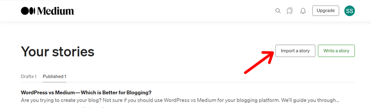 Opțiunea Import Story în mediu