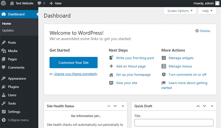 Zona de administrare a tabloului de bord WordPress