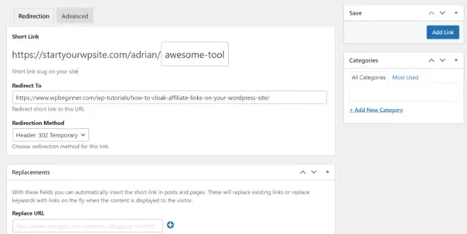Aperçu des paramètres du raccourcisseur d'URL URL shortener settings preview