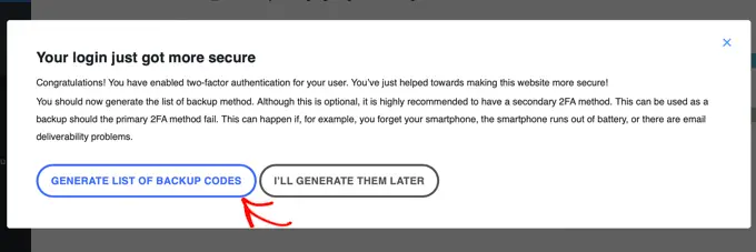 「バックアップコードのリストを生成」をクリックします。 Click 'Generate List of Backup Codes'