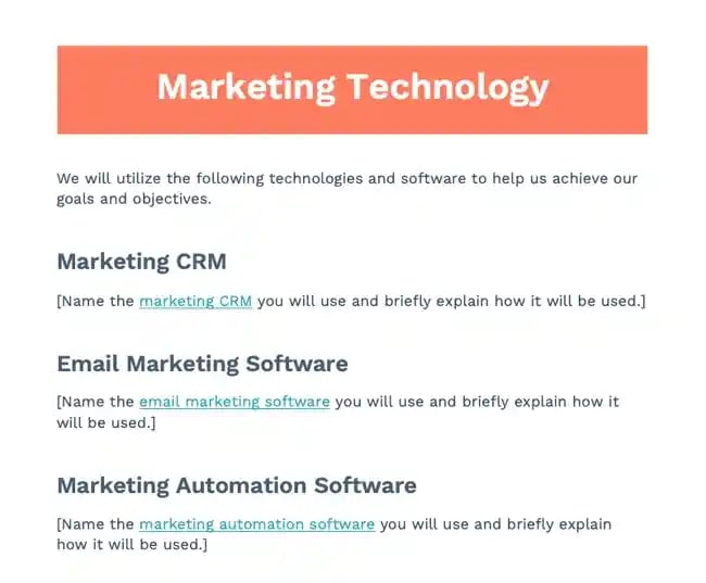 esboço do plano de marketing: tecnologia de marketing