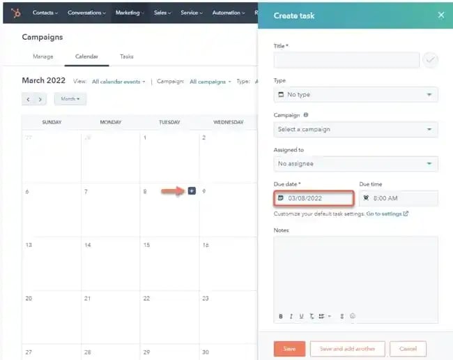Ferramenta de calendário de plano de marketing HubSpot