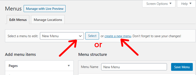 Selecione o menu ou crie um novo menu