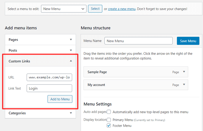 Adicionando URL de login ao menu como um link personalizado