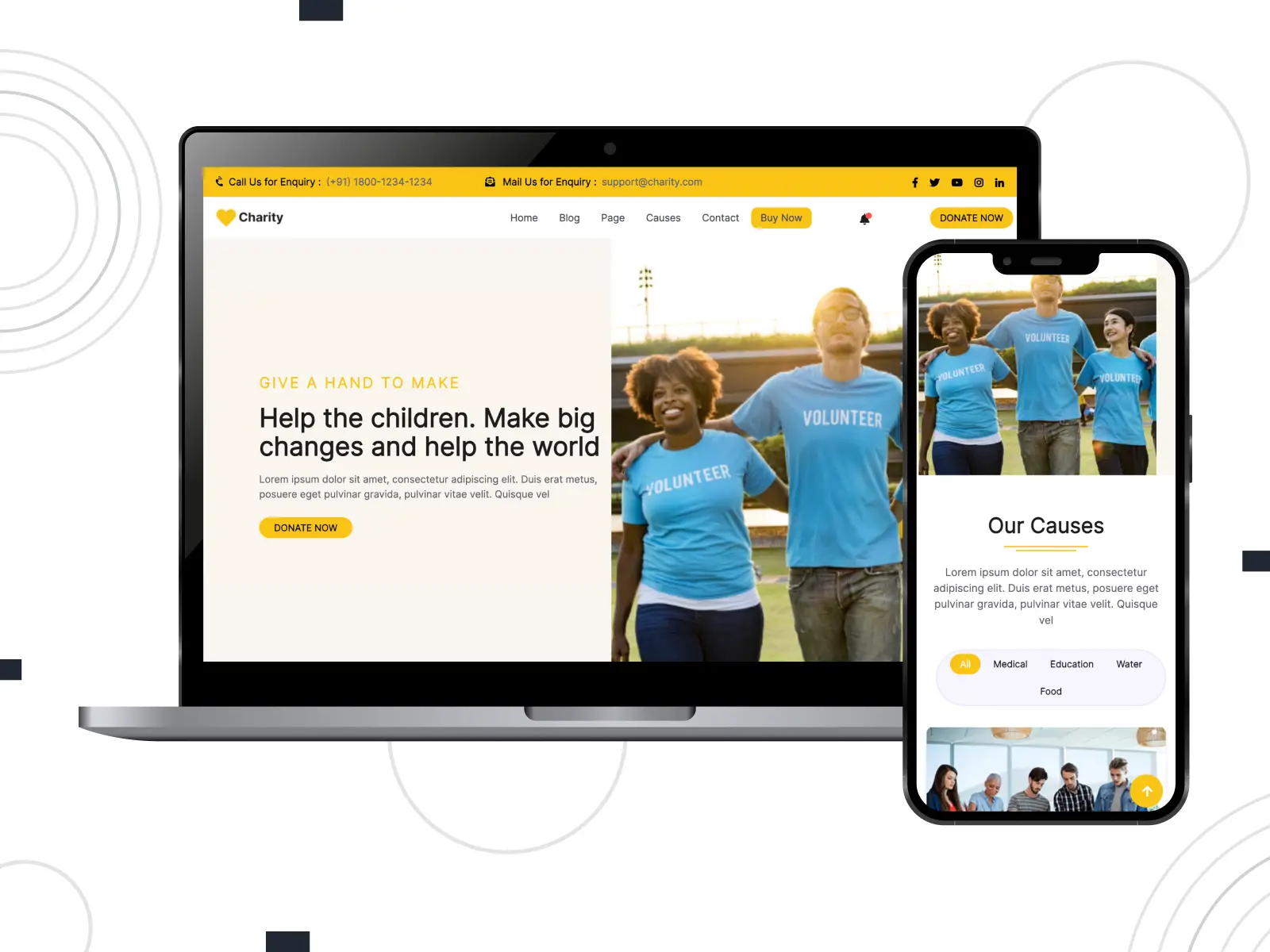 Snapshot of Charity Foundation - tema sepenuhnya responsif & gratis untuk crowdsourcing dengan integrasi video dalam skema kromatik emas, putih, dan hitam.