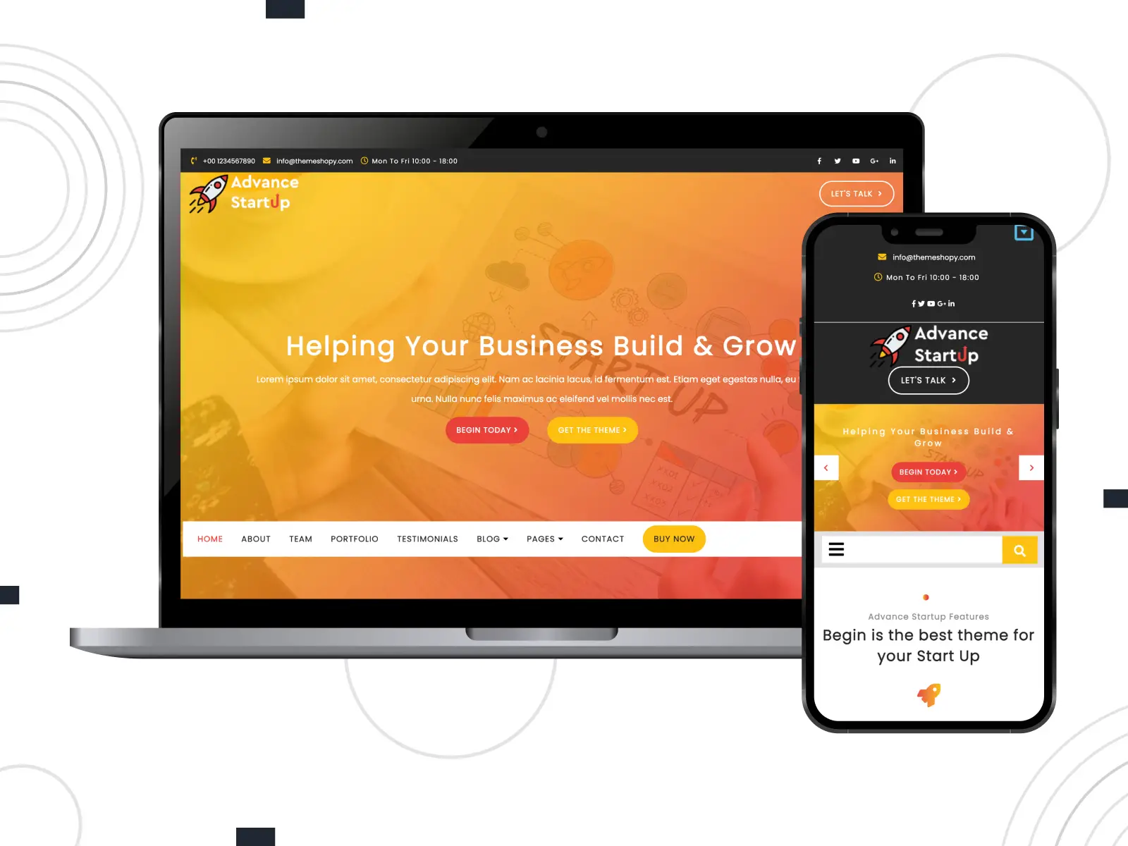 Gambar Advance Startup - tema informatif dan luar biasa untuk penggalangan dana dengan fungsionalitas siap WooCommerce dalam kombinasi warna kuning, emas, dan merah.