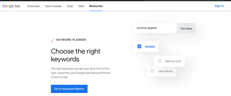 Planificateur de mots clés Google