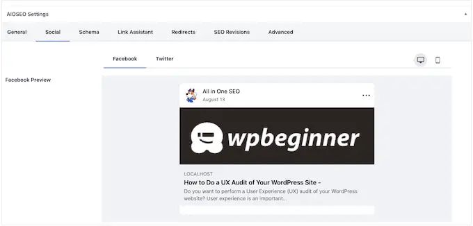 AIOSEO 的 Twitter 和 Facebook 社交设置 AIOSEO's Twitter and Facebook social settings