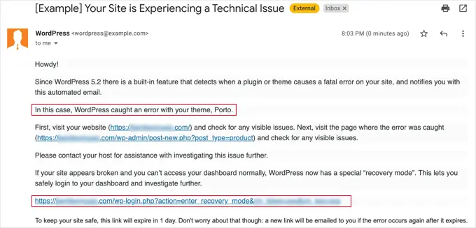 복구 모드 링크가 포함된 기술적인 문제 이메일 Technical Difficulties Email With Link to Recovery Mode