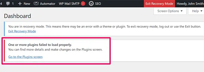 WordPress 복구 모드 대시보드 WordPress recovery mode dashboard