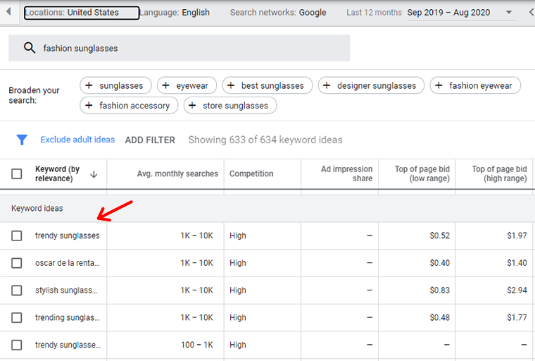 Sugestii de cuvinte cheie în Planificatorul de cuvinte cheie Google