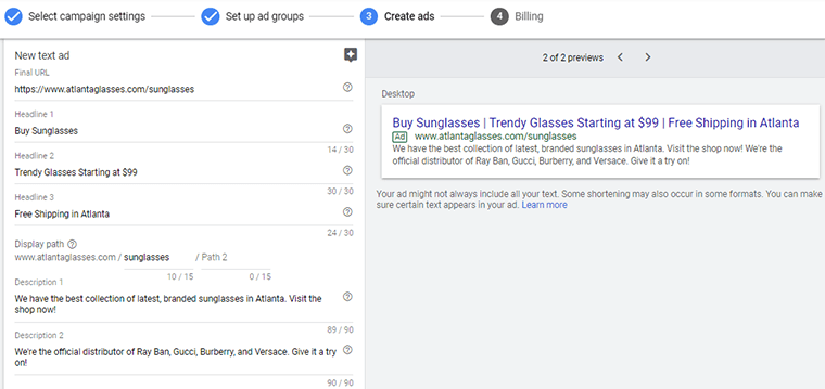 Titlul și descrierea anunțului în Google Ads