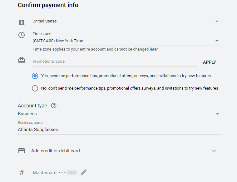 Setări de plată Țara, tipul contului și metoda de plată