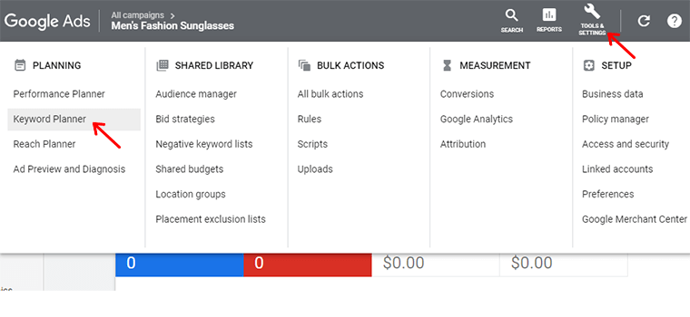 Accesați Planificatorul de cuvinte cheie din Instrumente și setări din Tabloul de bord Google Ads