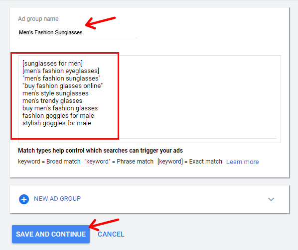 Enter Ad Group Name and Keywords in Google Ads