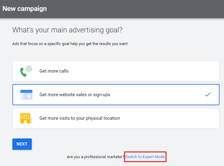 Switch to Expert Mode while Creating New Ad Campaign