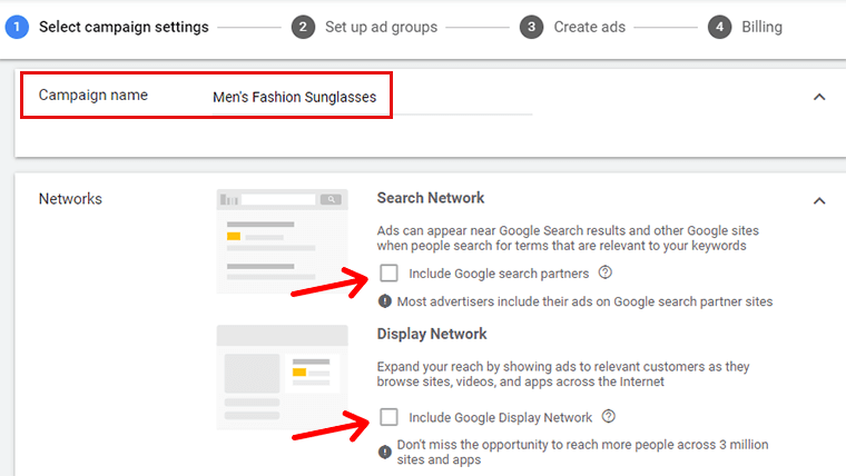 Enter Campaign Name Disable Search Network and Display Network