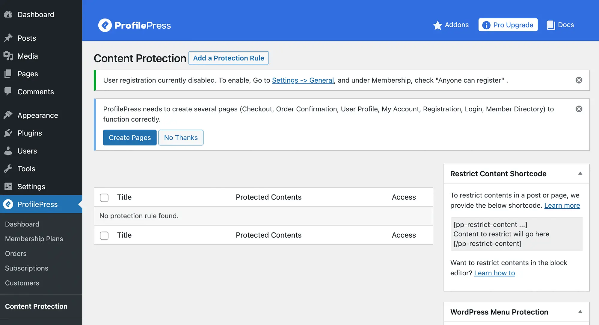 Ajout d'une règle de protection dans ProfilePress pour restreindre le contenu dans WordPress.