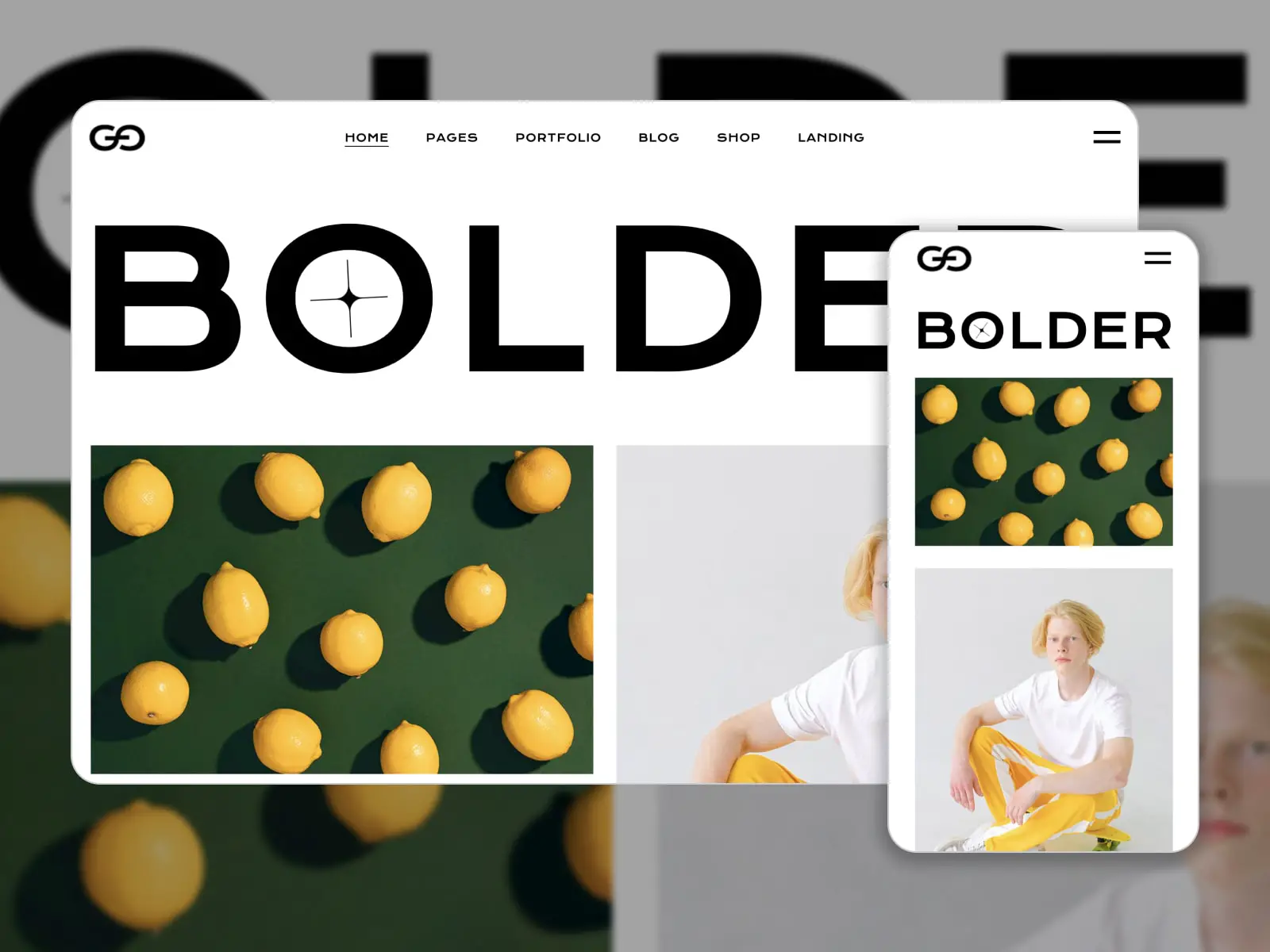 Collage du modèle de démonstration du portfolio créatif Gracey dans les couleurs vert, jaune et blanc.