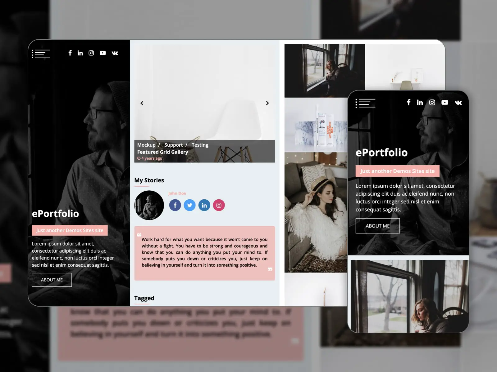 Collage des modèles ePortfolio gratuits pour les sites Web Elementor en couleurs noir, gris et rose.