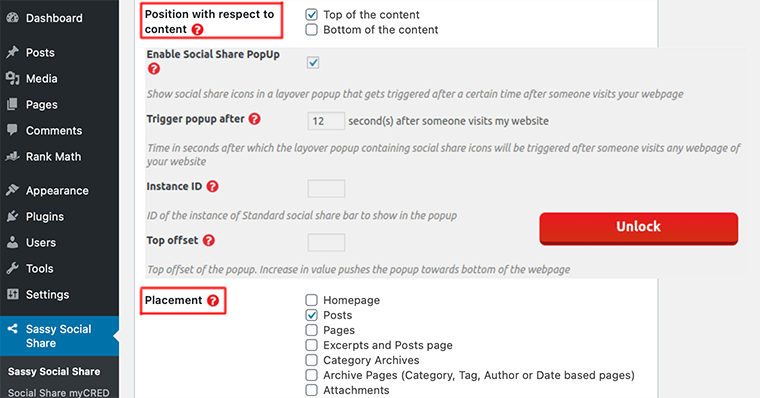 Placement de l'icône de partage