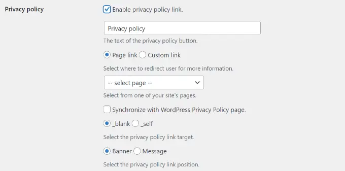 Activați linkul pentru politica de confidențialitate Enable privacy policy link