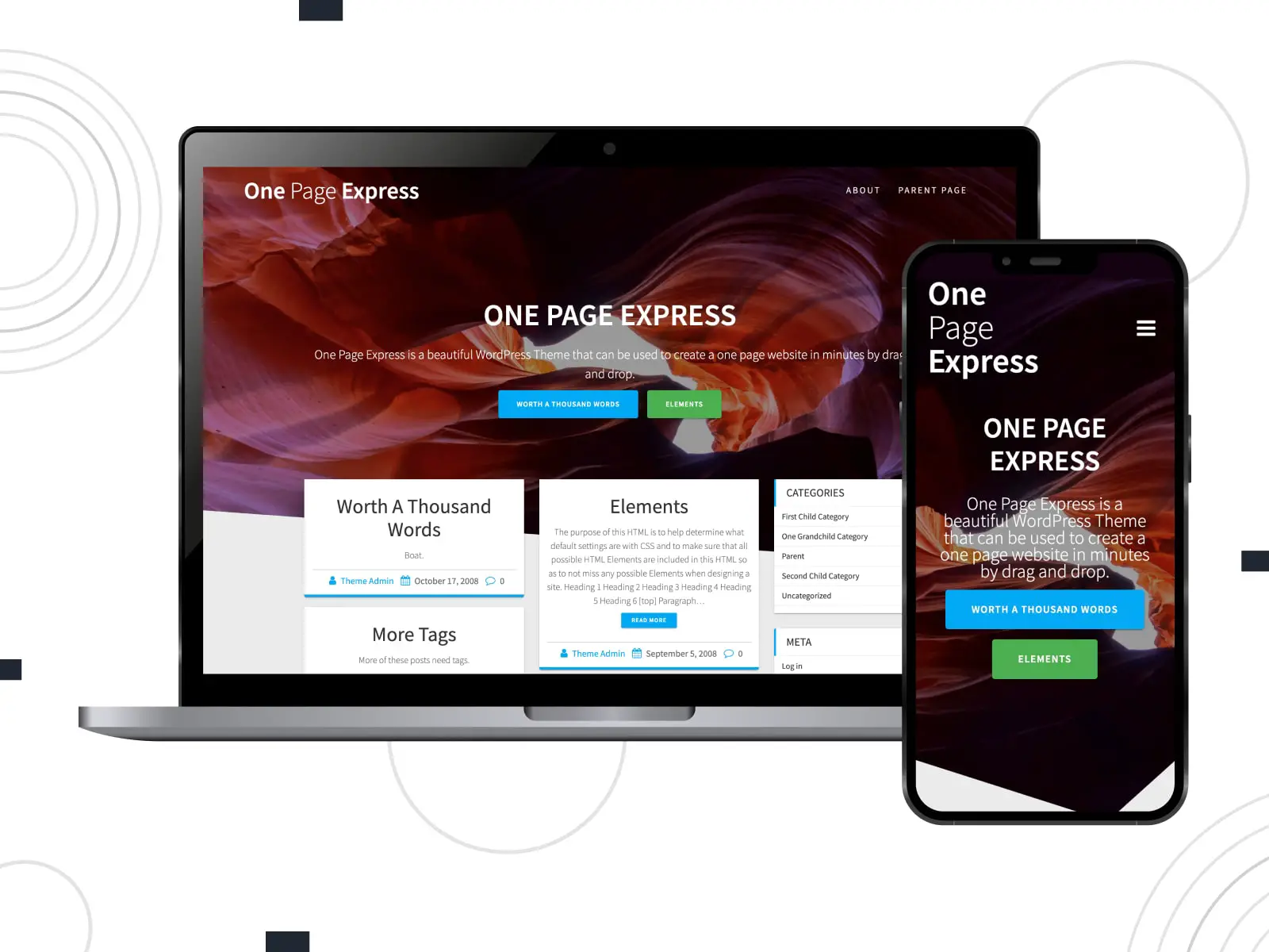 Коллаж из демо-темы One Page Express WordPress для футуристических бесплатных веб-сайтов в розовых, черных и белых тонах.