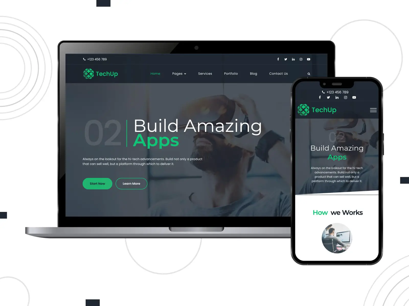 Коллаж темы Techup для футуристических стартап-сайтов WordPress в зеленом, сером и белом цветах.