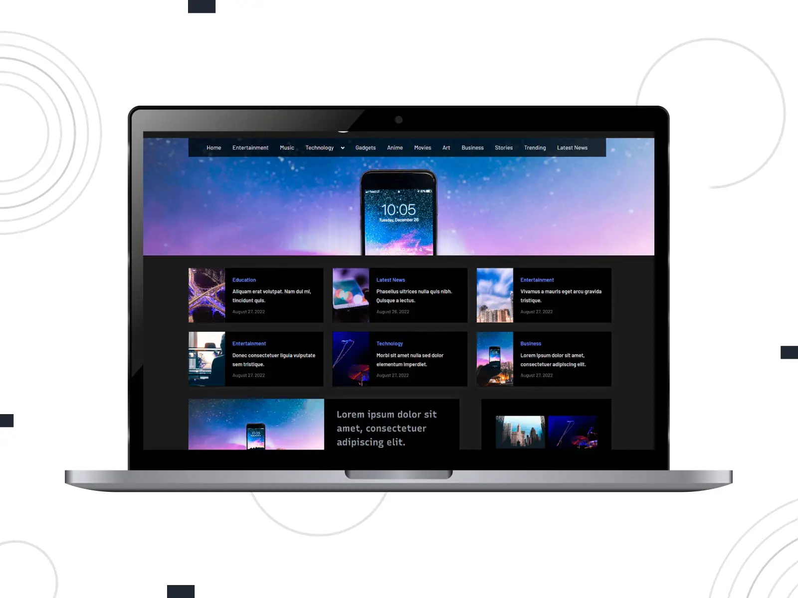 Коллаж из футуристической темы Oceanly News Dark WordPress в темном режиме.