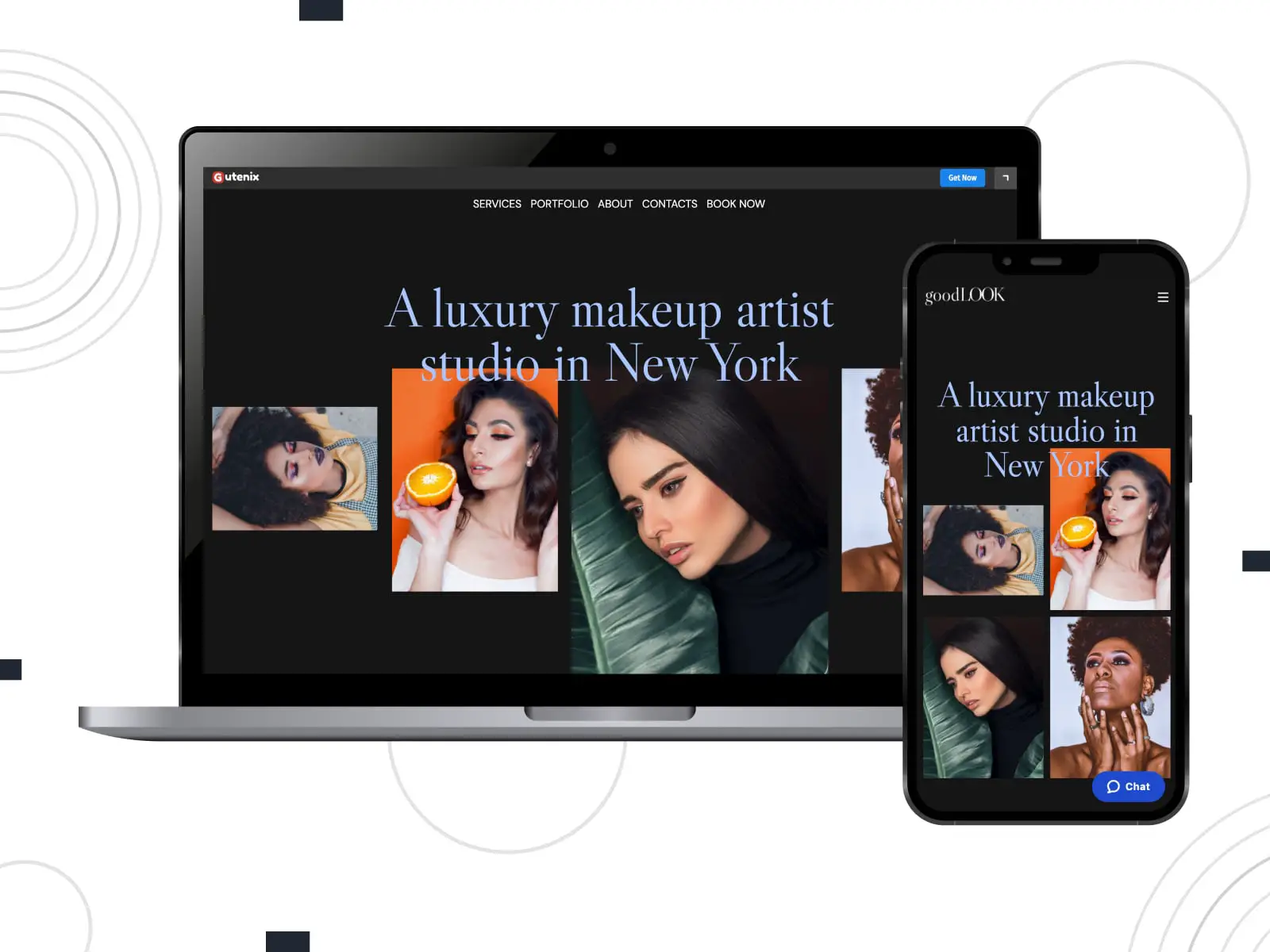 Коллаж из футуристической демо-версии GoodLook Gutenix для визажистов в темном режиме. искусство