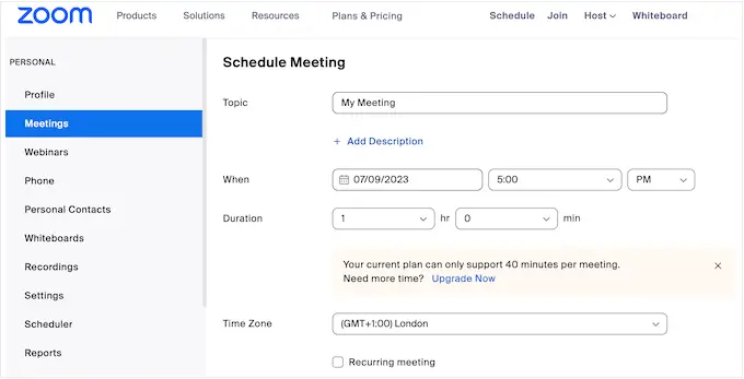 إنشاء اجتماع Zoom جديد باستخدام برنامج الدردشة المرئية Creating a new Zoom meeting using video chat software