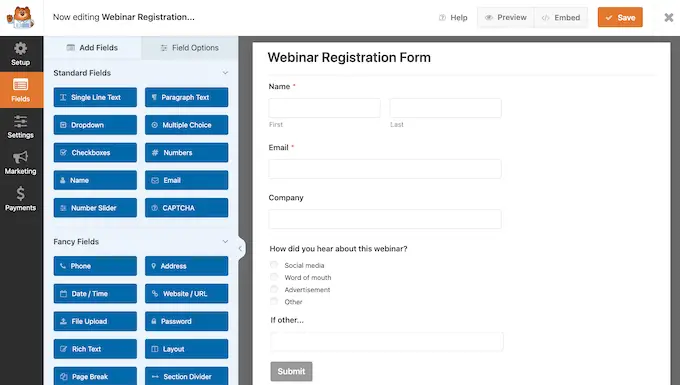 إضافة نموذج تسجيل ندوة عبر الإنترنت إلى موقع ويب أو مدونة باستخدام WPForms Adding a webinar registration form to a website or blog using WPForms