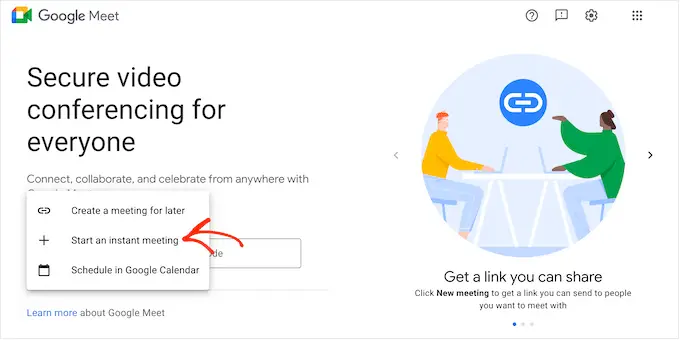 إنشاء اجتماع فيديو جديد عبر الإنترنت على Google Meet Creating a new Google Meet online video meeting