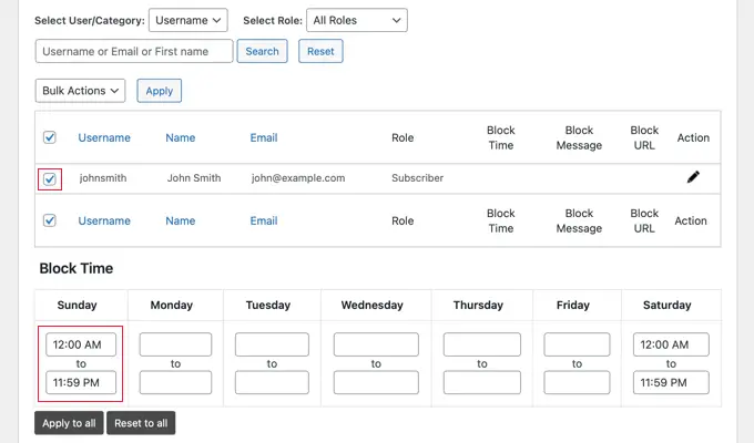 Ustawienia dnia i godziny blokady użytkownika User Blocker Day and Time Settings