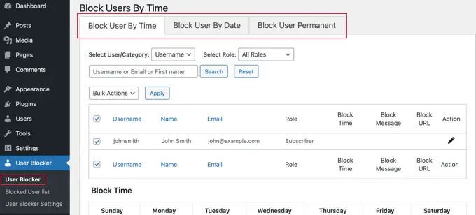 Ustawienia blokowania użytkowników User Blocker Settings