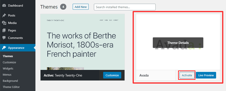 Tema Avada instalată, acum „Activați”