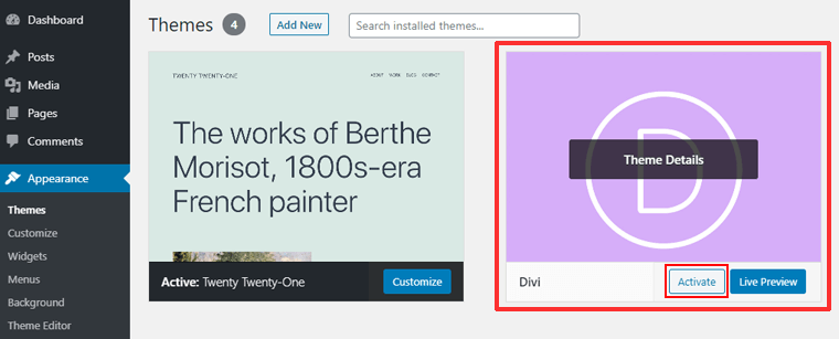 Tema Divi instalată, acum „Activați”