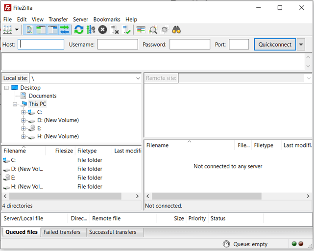 Interfața FileZilla