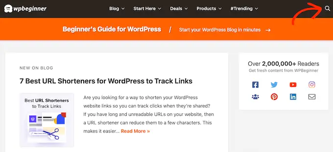 Ein Beispiel für eine Suchleiste auf der WPBeginner-Website An example of a search bar on the WPBeginner website