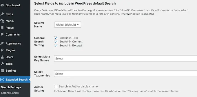 Die Einstellungen für die erweiterte WP-Suche The WP Extended Search settings