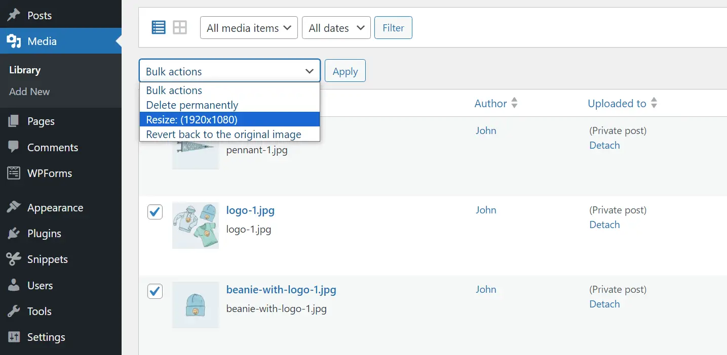 WordPress で限られた数の画像のサイズを変更します。