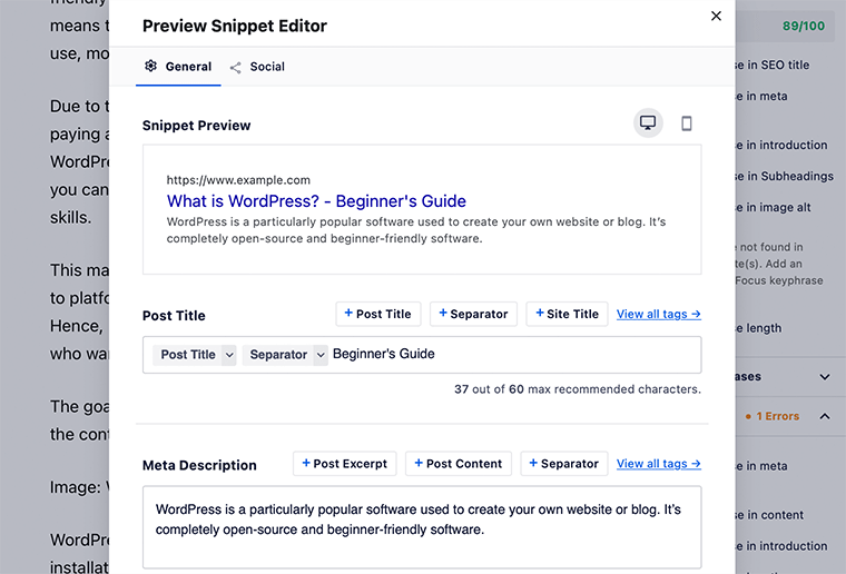 Éditeur d'extraits dans AIOSEO
