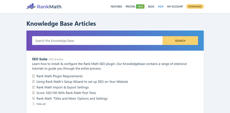 Rank Math Knowledgebase pour l'assistance