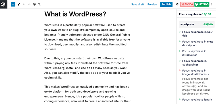 Interface AIOSEO dans la barre latérale