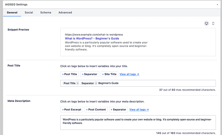 Interface AIOSEO dans l'éditeur classique