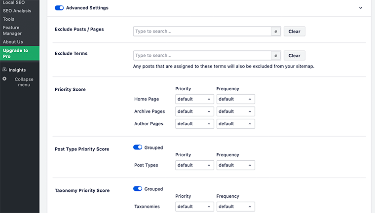 Paramètres avancés du plan du site