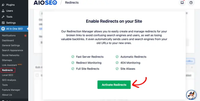 啟動 AIOSEO 重定向 Activate AIOSEO Redirects